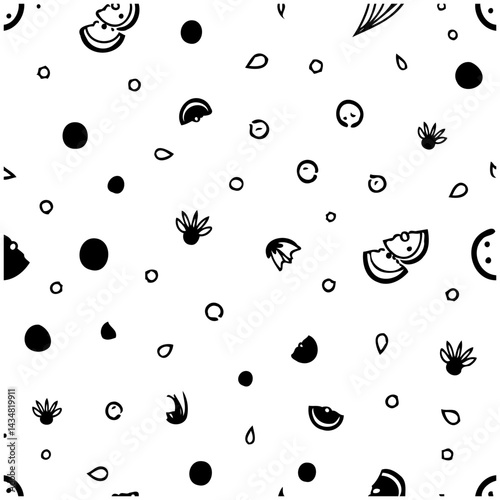 Playful Arrangement of Small Black Shapes Scattered on White Background Design
