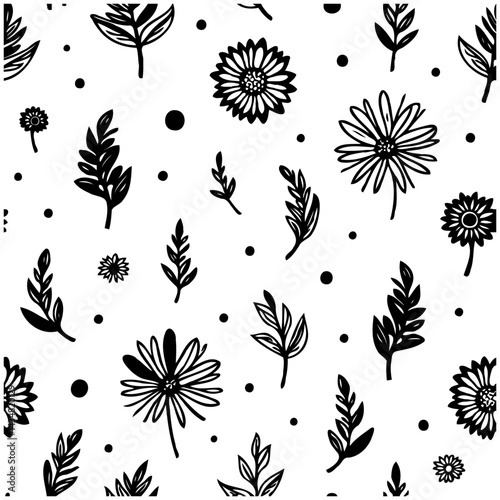 Monochrome botanical pattern with floral sprigs and scattered circles design