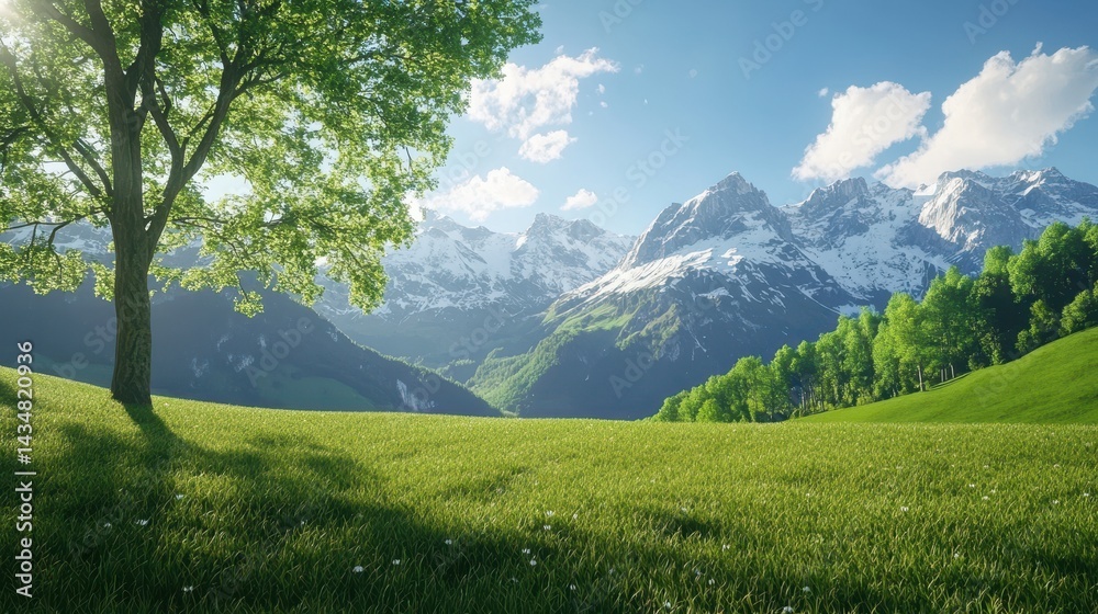 Obraz premium Serene Mountain Meadow Landscape Green Grass Tree Snow Peaks