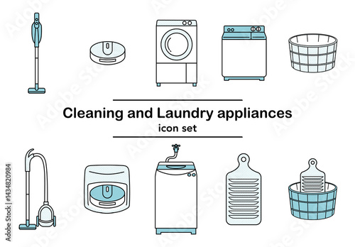 洗濯、掃除に必要な家電と道具のシンプルな手描き線画イラスト_掃除機、洗濯機、洗濯板、桶（単色カラー、ドット）