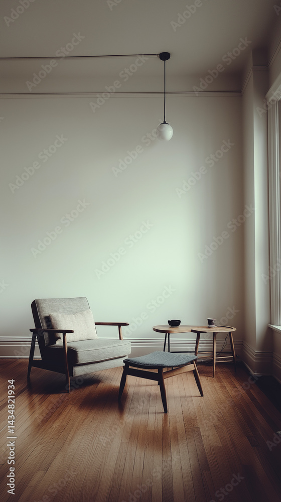 Fototapeta premium 白い壁とウッド家具が映える北欧スタイルのリビングルーム｜自然光と観葉植物が調和するシンプルで落ち着いたインテリアのイラスト作品。スマートフォン9:16のアスペクト比