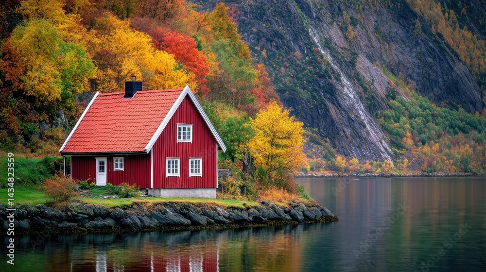 Fototapeta premium Red Cabin Autumn Fjord Norway Landscape Fall Foliage