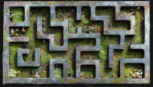 Mossy stone maze, intricate design, overhead shot, textured surface, green moss, garden design.
