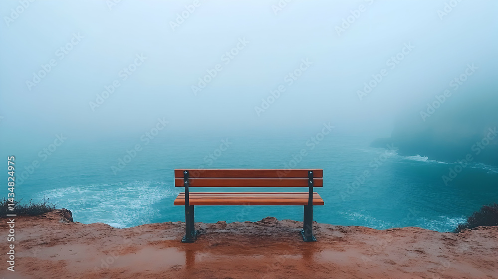 Serene coastal bench overlooking a misty ocean; peaceful solitude and contemplation. Serene coastal bench overlooking a misty ocean; peaceful solitude and contemplation.