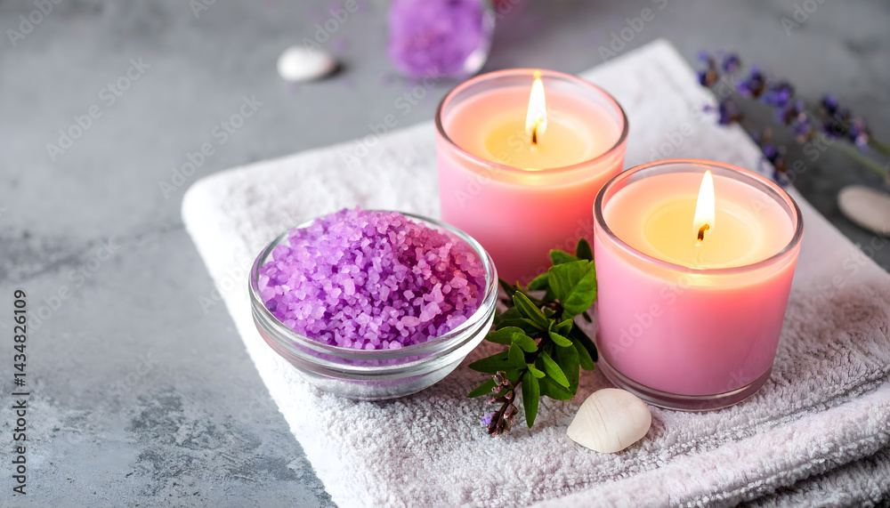 Relaxing Spa Setting Lavender Salt Pink Candles and Soft Towel