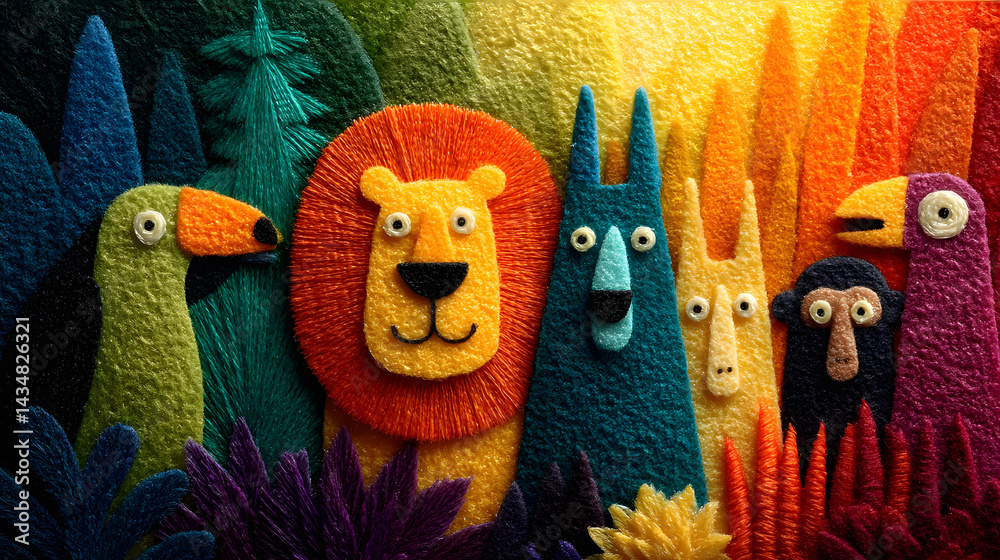 Obraz premium Colorful handcrafted jungle animal composition with whimsical felt characters