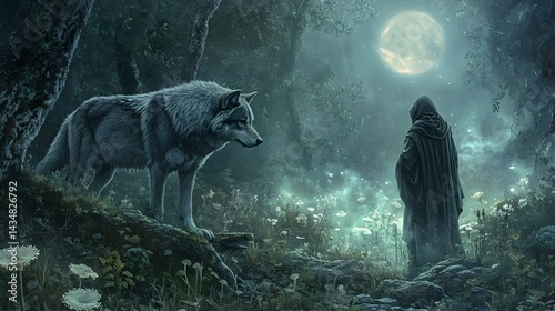 A druid seeking solace amidst a moonlit mystical forest glade