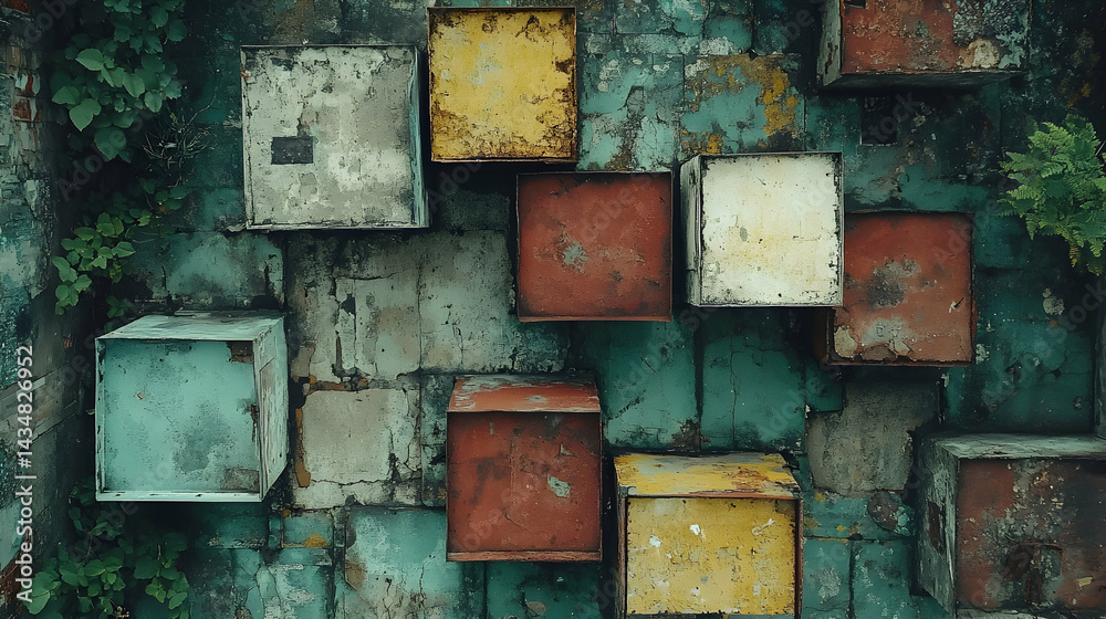 Abstract aerial view of weathered metal boxes on a decaying teal wall, overgrown with vegetation. A unique texture and color palette. Abstract aerial view of weathered metal boxes on a decaying teal wall, overgrown with vegetation. A unique texture and color palette.