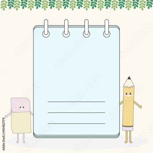 Notes, pencils, eraser characters, and school announcements