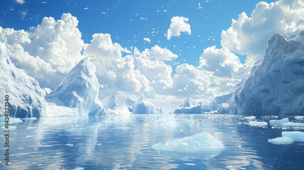 Fototapeta premium Majestic Icebergs Floating in Tranquil Blue Waters Under Bright White Clouds in a Stunning Polar Landscape