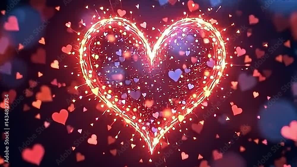 A mesmerizing backdrop featuring a multitude of small, radiant particles forming the shape of a heart. These glowing particles gently drift and pulsate, creating a soft and ethereal light