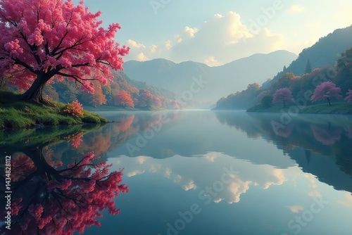 Intricate floral design reflected on calm lake surface, tranquil, peaceful