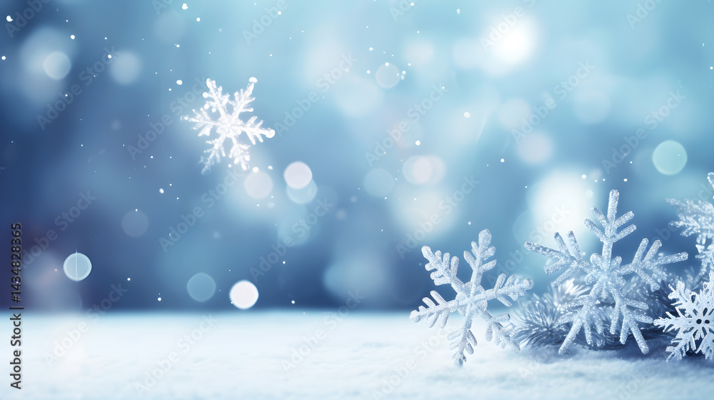 Snowflakes falling on a snowy surface with a blurred background. Snowflakes falling on a snowy surface with a blurred background.
