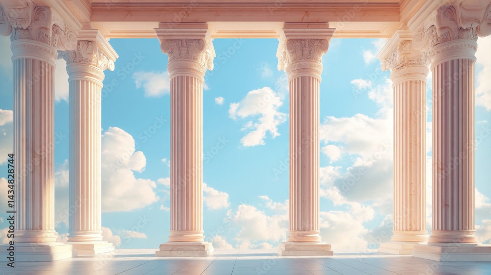 Fototapeta premium 3D render Classic pink pillars pedestal with blue sky on doorways. classical interior marble architecture for showing product. Ancient greek architecture with pillars. 3d.
