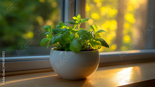 A vibrant basil plant thrives in a white pot, bathed in the warm glow of the setting sun, on a wooden windowsill.  The image evokes feelings of serenity and homegrown goodness.