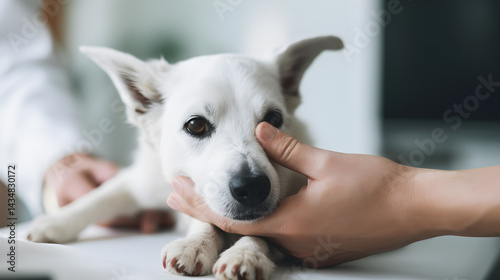 A white dog with black spots on its face and paws, sitting on a white surface with its front paws on a white table.