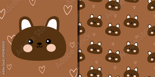 Card and pattern of cartoon cute brown bunny. card and wallpaper for fabric print, gift wrap paper