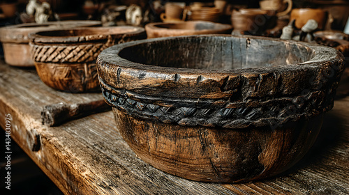 Wallpaper Mural Close-up of intricately carved antique wooden bowls on a rustic wooden table.  The image evokes a sense of history and craftsmanship. Torontodigital.ca