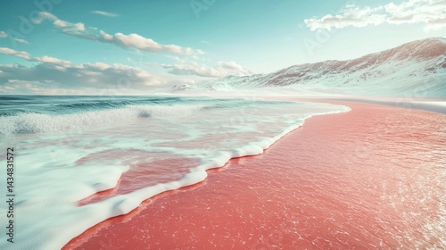 Serene Coastal Landscape with Gentle Waves and Pink Sand Under Soft Blue Sky and Cloudy Horizon