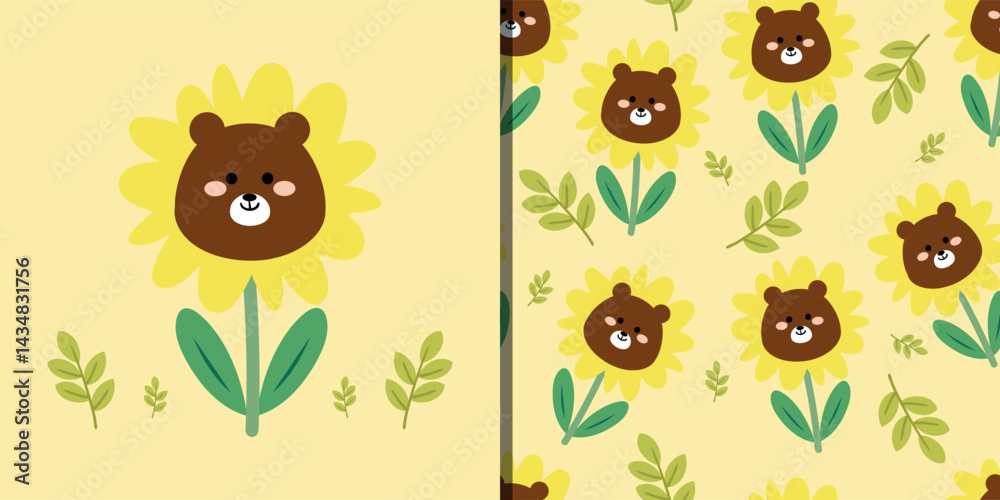 Fototapeta premium Card and seamless pattern with cute cartoon brown bears and orange flowers, for fabric prints, textiles, gift wrapping paper. children's colorful flat style