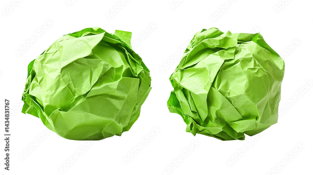 Two Crumpled Green Paper Balls Texture Recycling Ideas Isolated on white and transparent background. Two Crumpled Green Paper Balls Texture Recycling Ideas Isolated on white and transparent background.