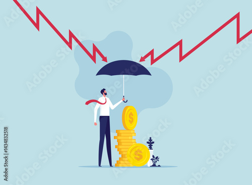 Protective or defensive stocks during economic crisis or market crash, businessman holding umbrella to shielding assets from stock market downturn
