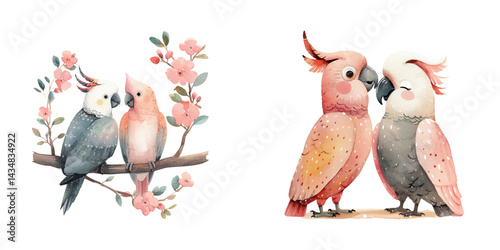 valentines couple cockatoo watercolor vector illustration