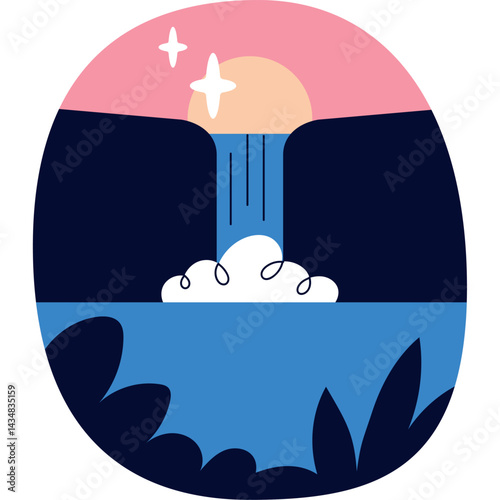 Peaceful Waterfall Landscape in Flat Design Style