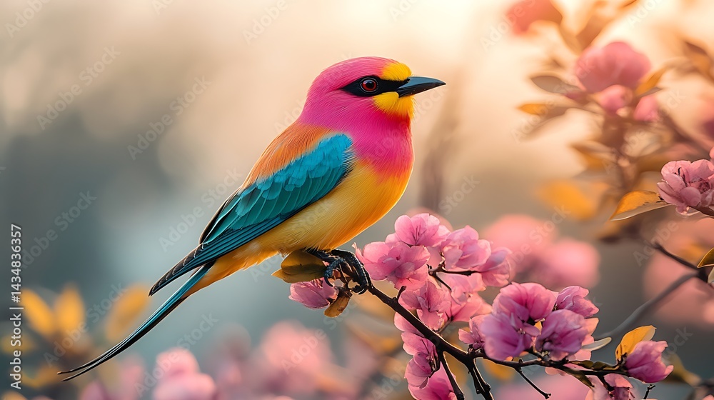 Fototapeta premium Vibrant Rainbow Colored Bird Perched on Pink Blossoms Spring Nature Scene