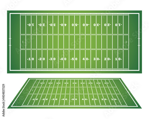 American football field with marking. Football field in top view with white markup