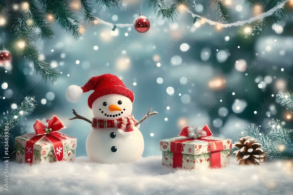 Festive Christmas Winter Background with Funny Snowman and Cheerful Decorations Festive Christmas Winter Background with Funny Snowman and Cheerful Decorations