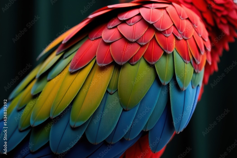 Obraz premium A vibrant close-up of a colorful parrot's feathers, showcasing intricate textures and a rainbow of hues.