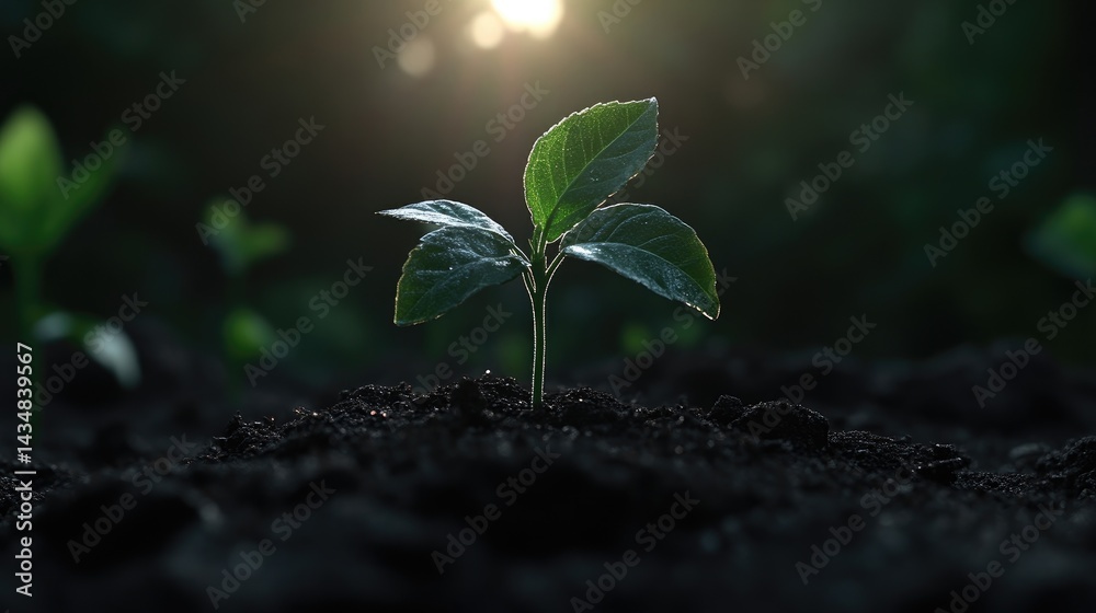 New sprout emerging from soil. Sunlight highlights the growth New sprout emerging from soil. Sunlight highlights the growth
