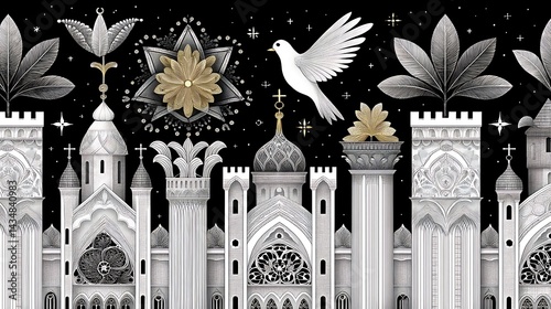 Enchanting Night Scene Golden Flower Dove and Ornate Architectural Fantasy Cityscape