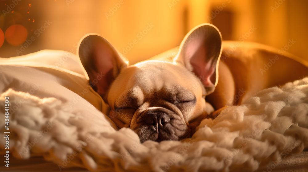 A brown and white dog sleeping on a white blanket with a yellow pillow in a cozy living room with a warm yellow light. A brown and white dog sleeping on a white blanket with a yellow pillow in a cozy living room with a warm yellow light.