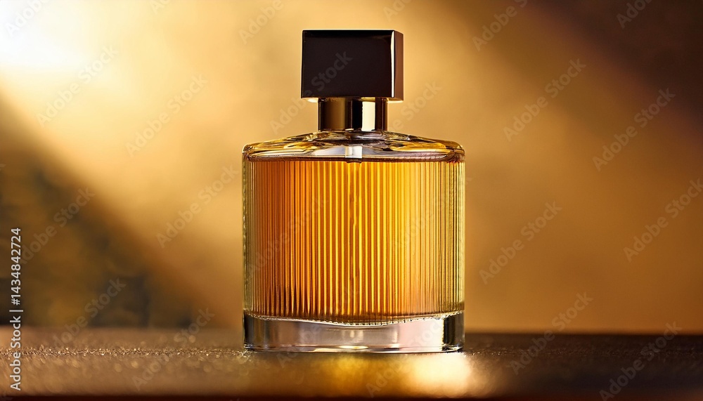 Elegant Blank Perfume Bottle Mockup with Gold Liquid in a Warm Temperature. Perfume with Gold Background and Natural Daylight. Elegant Blank Perfume Bottle Mockup with Gold Liquid in a Warm Temperature. Perfume with Gold Background and Natural Daylight.