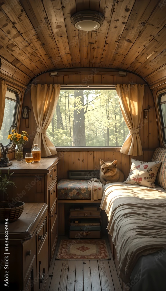 Fototapeta premium Cozy Campervan Interior with Cat Sunlit Wood Cabin Forest View