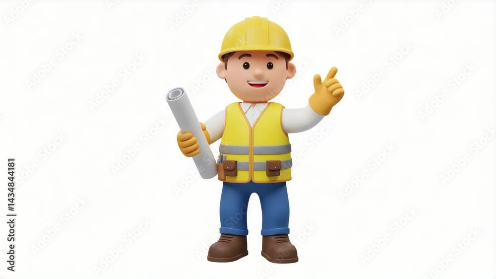 A cute 3D character construction worker holding blueprints wearing a yellow helmet. A cute 3D character construction worker holding blueprints wearing a yellow helmet.