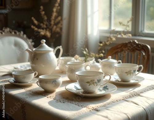 Wallpaper Mural Elegant Tea Set Porcelain Teacups Teapot and Creamer on a Table Torontodigital.ca