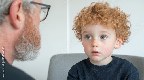 A thoughtful child and an attentive adult engage in conversation.  A young boy with curly red hair looks intently at a senior man wearing glasses.  The setting suggests a counseling or therapy session