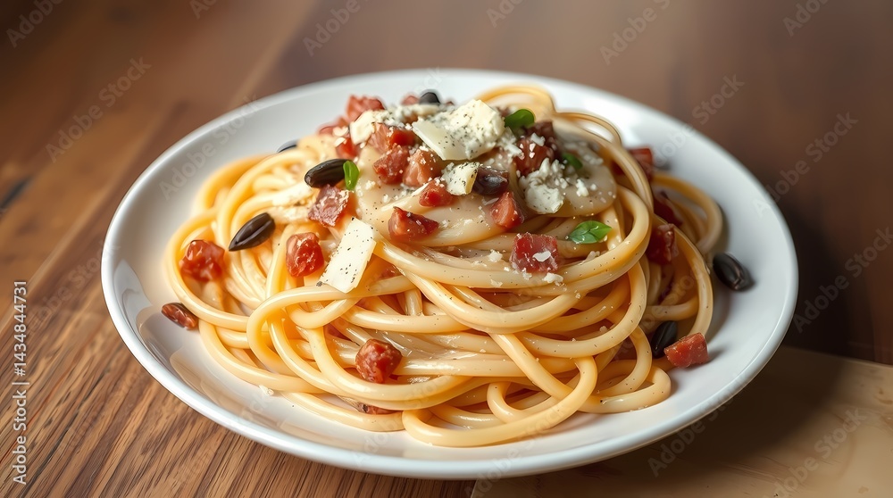 A 3D-rendered plate of creamy spaghetti carbonara, featuring pancetta, parmesan, and black pepper, presented in a photorealistic style with natural earth tones, browns, and beiges A 3D-rendered plate of creamy spaghetti carbonara, featuring pancetta, parmesan, and black pepper, presented in a photorealistic style with natural earth tones, browns, and beiges