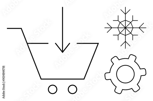 Arrow enters shopping cart beside snowflake and gear, symbolizing e-commerce, seasonal promotions, and settings. Ideal for retail, sales, customization, online shopping, marketing business