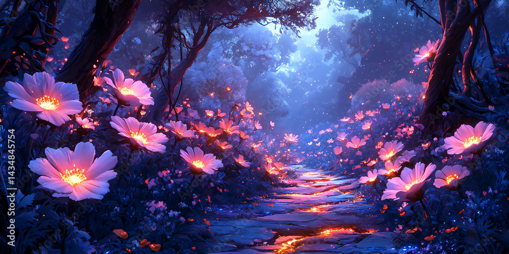 Fototapeta premium glowing flowers and vines in dreamy secret garden,