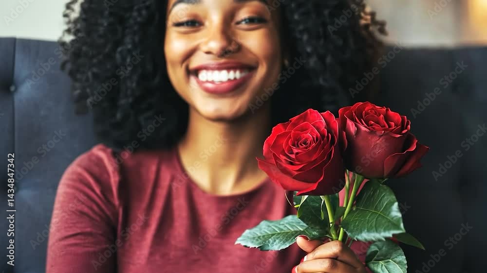 Happy woman receiving red roses in a cafe