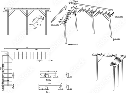 vector silhouette design illustration sketch of wooden jalousie pergola for garden landscape decoration