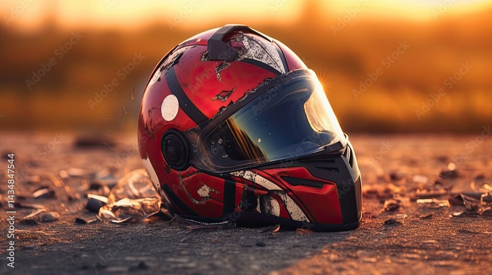 Fototapeta premium A red and black motorcycle helmet with a reflective visor, lying on a rocky surface with a blurred background of a sunset.