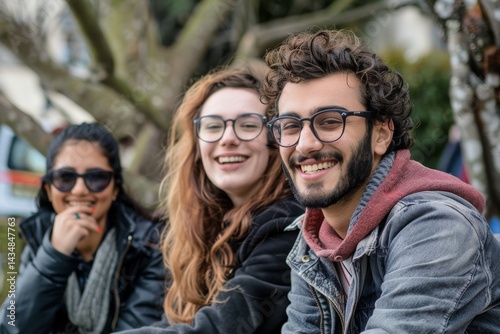 Smiling friends on the street. Cheerful young people having fun outdoors.