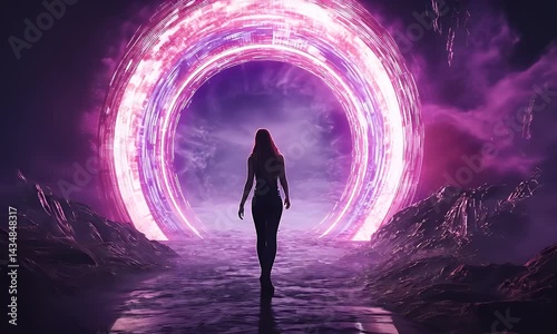 Woman portal journey through purple mountains
