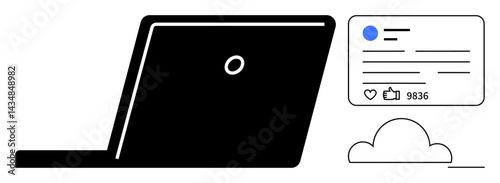 Open laptop with a social media notification displaying thumbs ups and comments, paired with a cloud icon. Ideal for online presence, digital marketing, social media, content creation, cloud storage