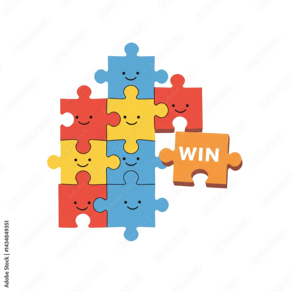 Naklejka premium Colorful Jigsaw Puzzle Pieces with Smiling Faces on White Background
